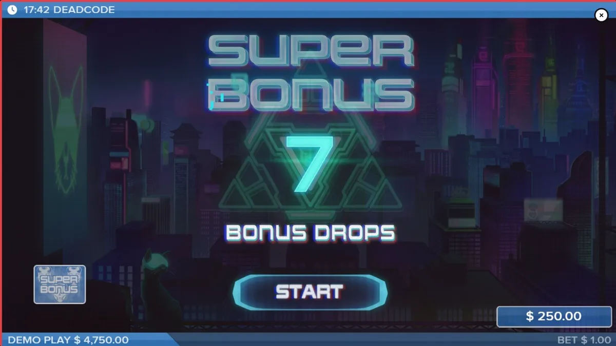 Tampilan visual futuristik dan glitch dari slot Deadcode dengan elemen cyberpunk.